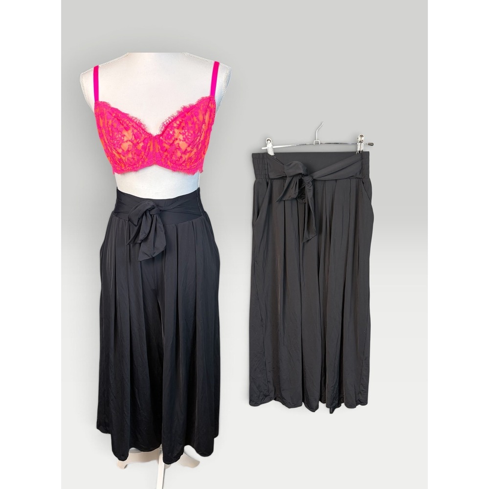 LIVE! Black Wide Leg Tie Waist Pants Womens P/S Flowy Palazzo Culotte Casual